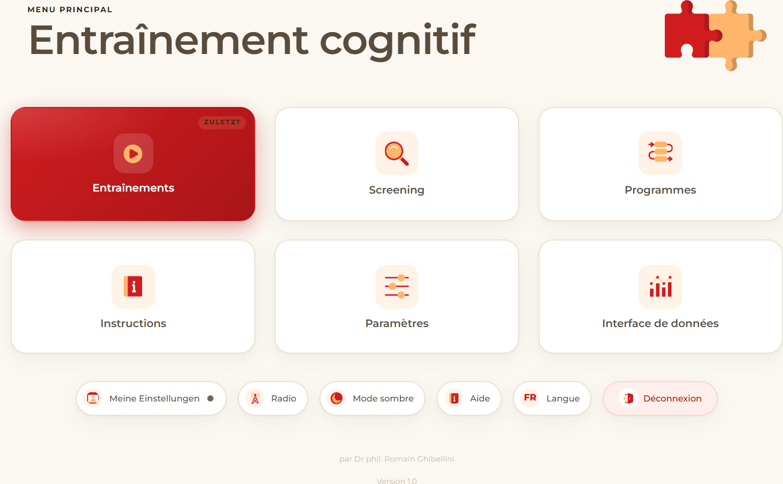 Page d'accueil de Entraînement cognitif